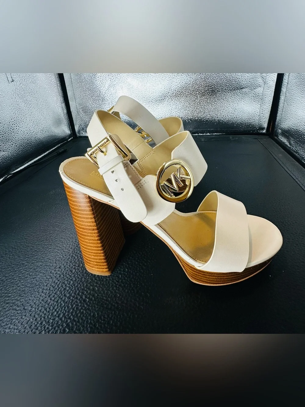 MICHAEL KORS Cream Leather Platform Block Heel Sandals with Gold MK Logo